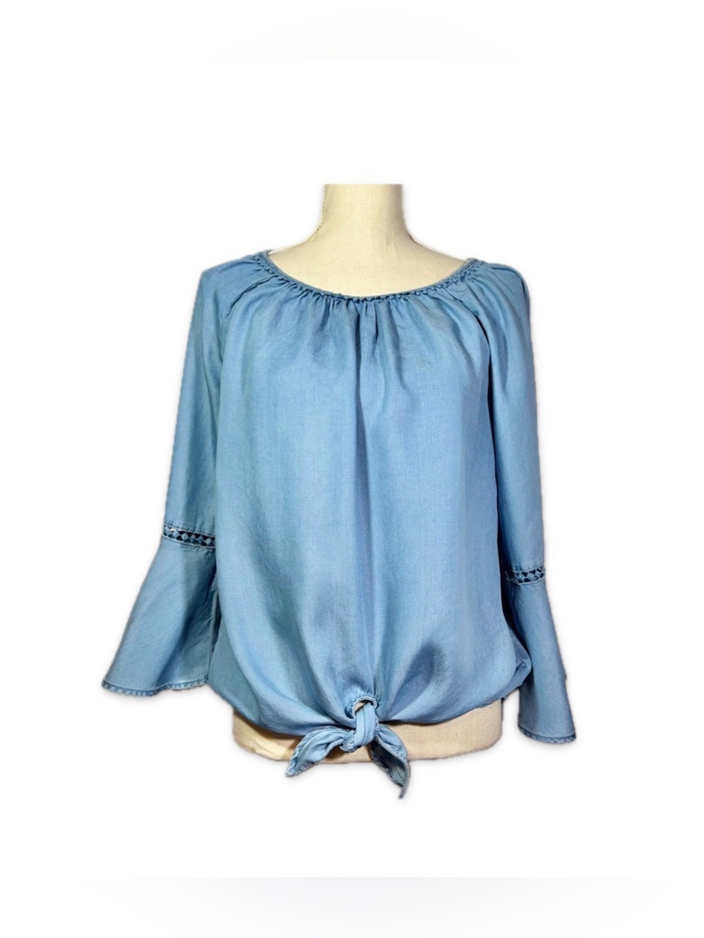 Ruby Rd Chambray Tie Front Peasant Blouse Small Blue Boho Trumpet Sleeve